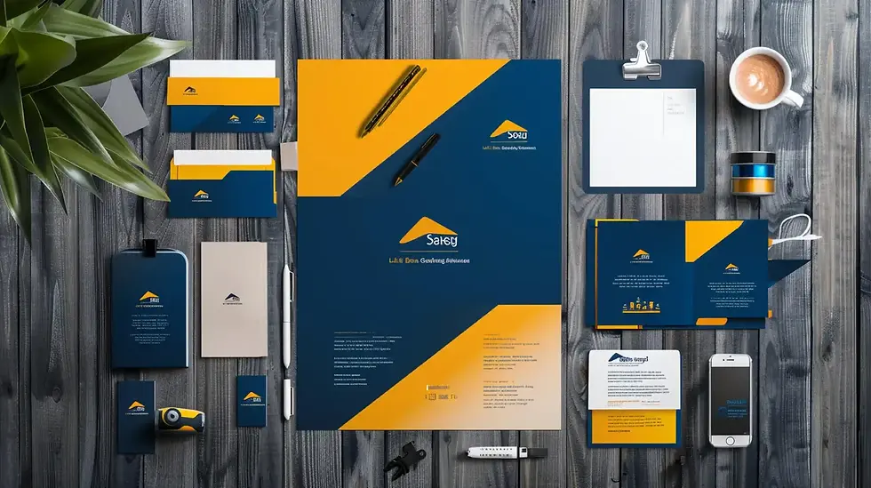 Branded stationery set on a dark wood background