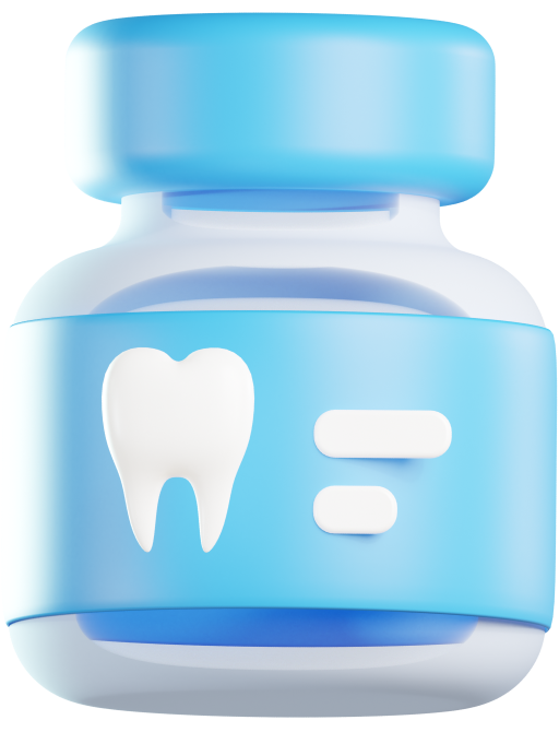 Light blue 3D dental bottle with white tooth icon and two lines.