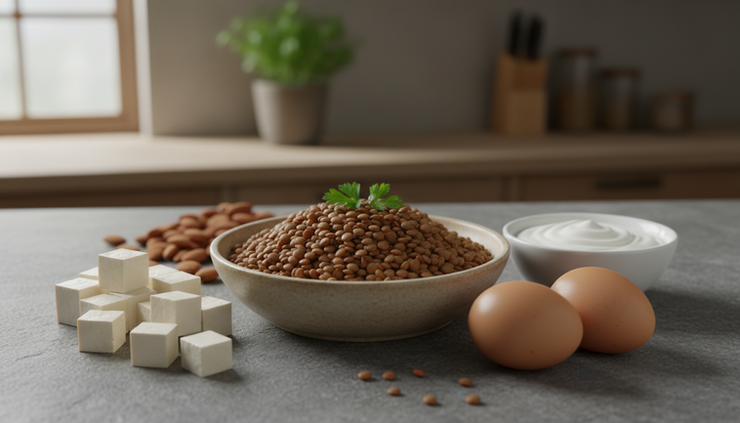 Close-up view of lentils, eggs, tofu, almonds, and yogurt arranged on a kitchen counter.