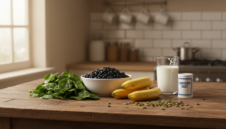 Eye-level view of leafy greens, beans, bananas, milk, pumpkin seeds, and iodized salt on a table.