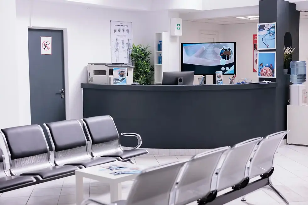 Modern dental clinic reception area with waiting chairs