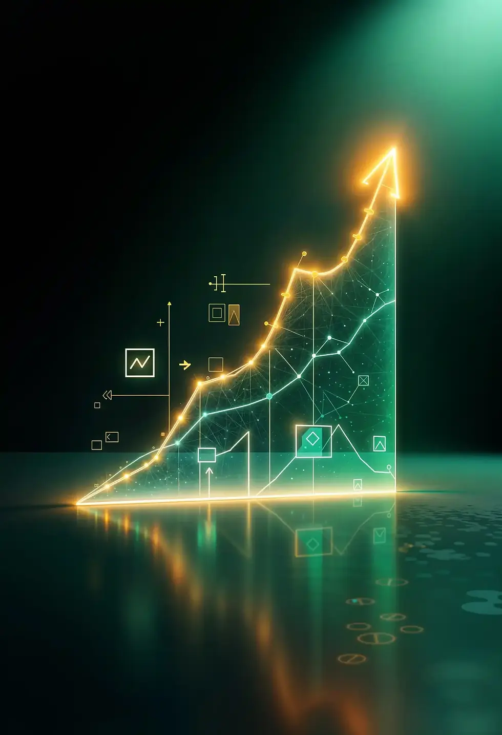 Glowing upward arrow chart, representing growth in financial markets. Dizital