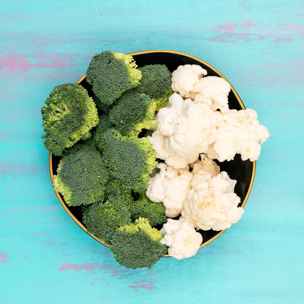 Broccoli and cauliflower florets on a plate