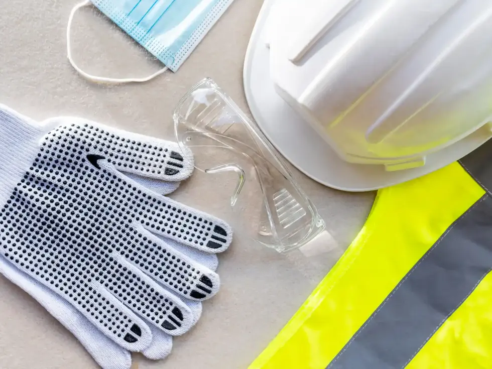 Work gloves, hard hat, safety glasses, mask, and reflective vest.