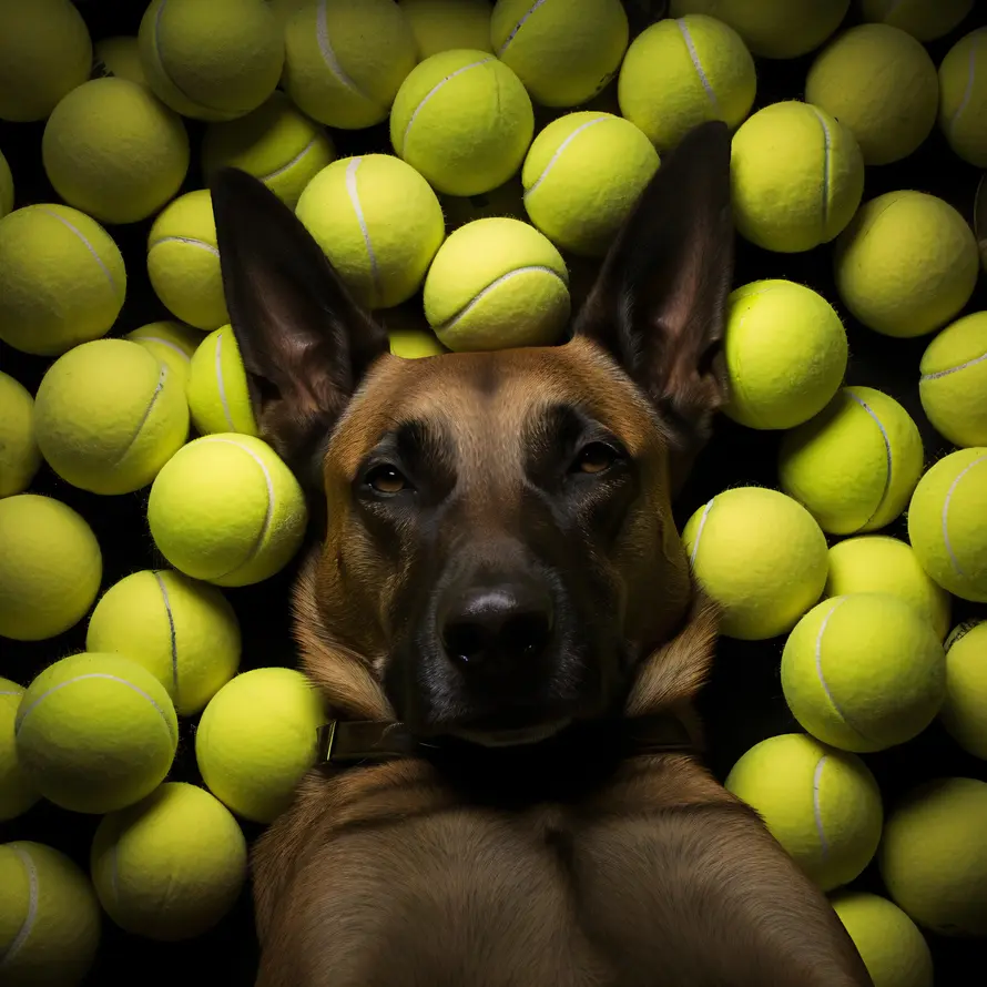 Belgian Malinois dog resting on tennis balls