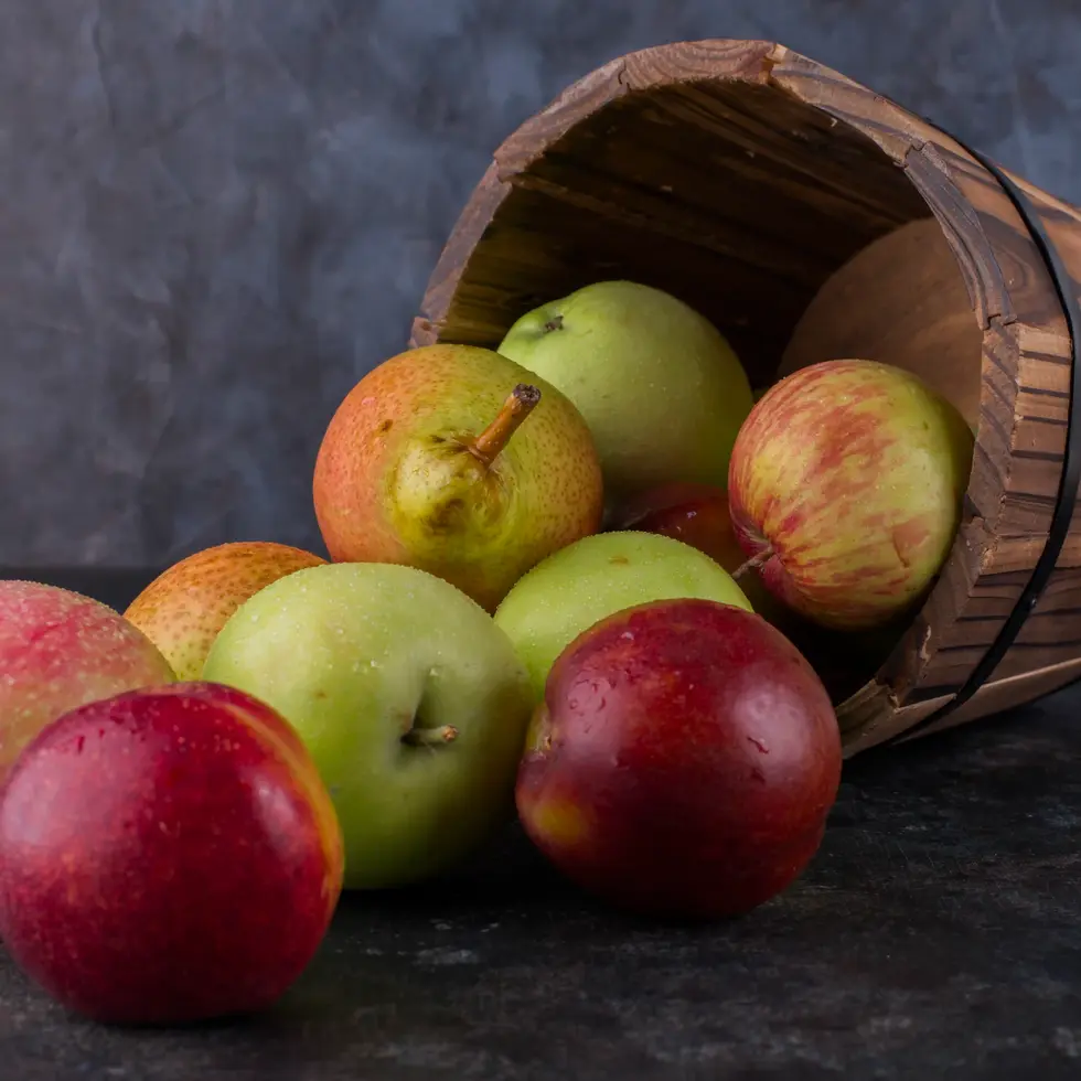 Apples, pears, and nectarines spilling from a wooden bucket