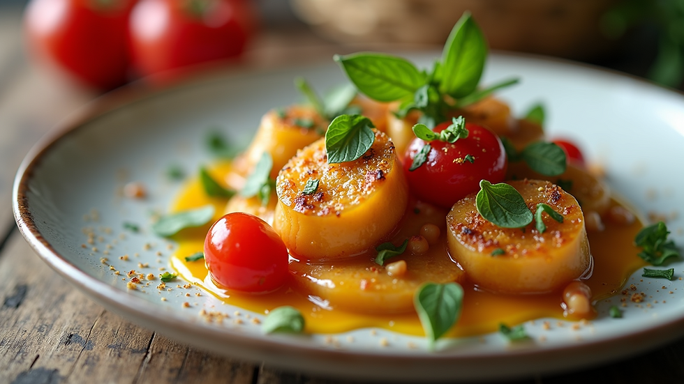 Close-up view of a beautifully plated gourmet dish with vibrant colors