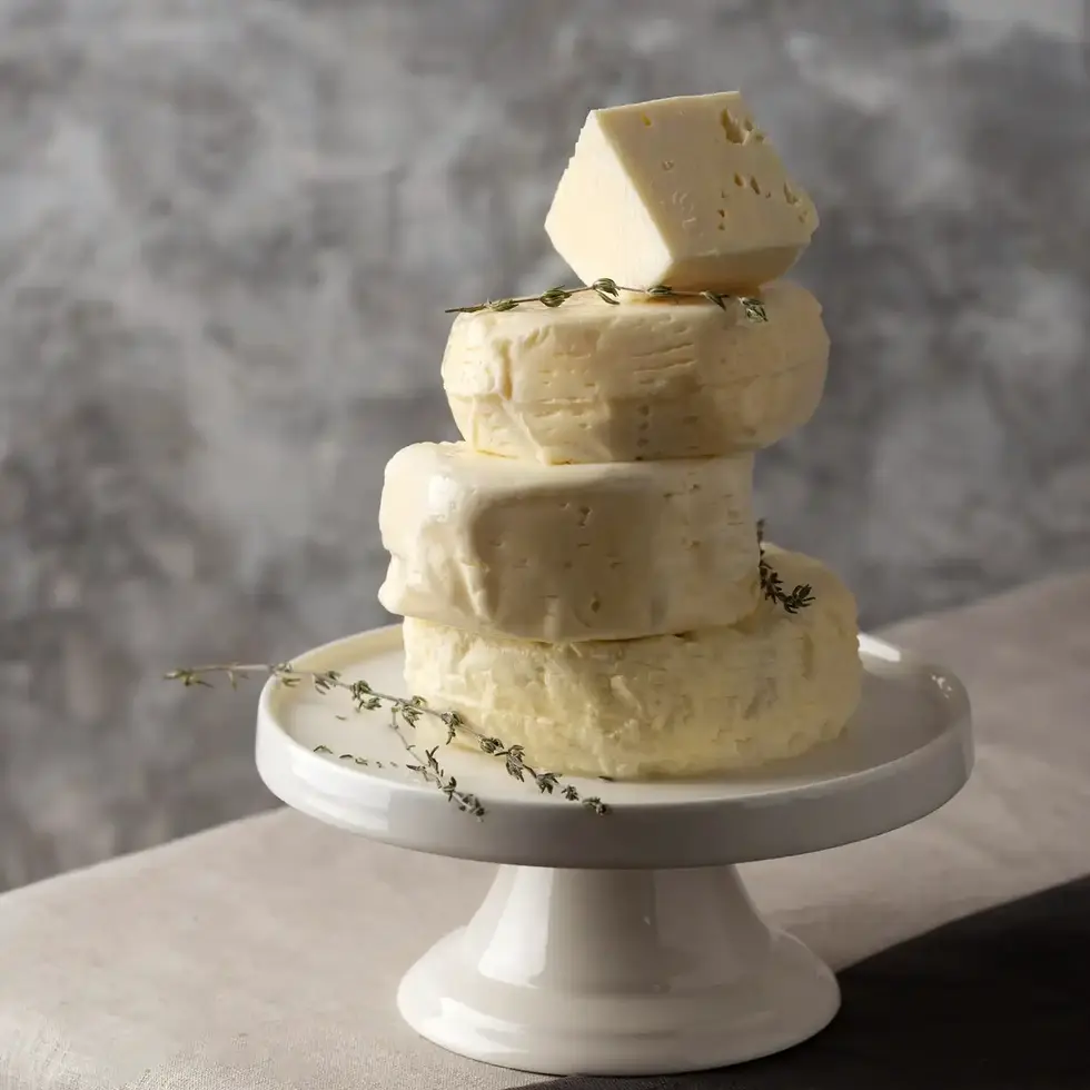 Creamy cheese tower on cake stand