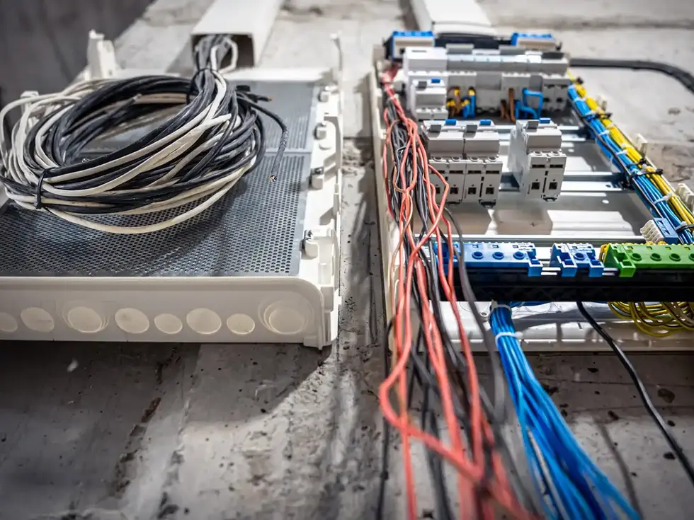 Electrical installation showing colorful wires, circuit breakers, and cable on concrete.
