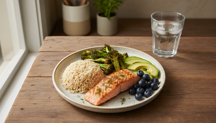 Overhead view of a colorful balanced plate with salmon, brown rice, vegetables, fruit, and water.