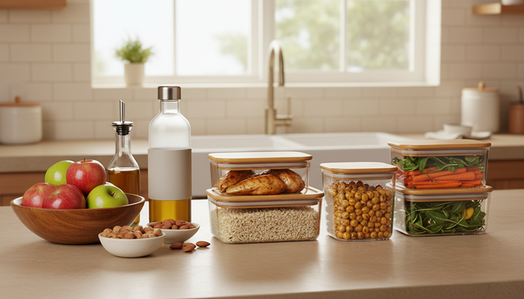 Wide-angle view of a home kitchen counter with prepared meals, fresh produce, whole grains, nuts, and water.