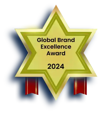 Global Brand Excellence Award 2024, a gold star-shaped badge with red drapings about Dizital