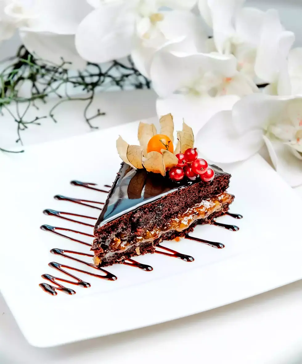 Delicious chocolate cake slice with fruit