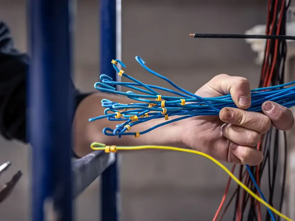 Hand holding blue electrical wires for installation, pliers in foreground.