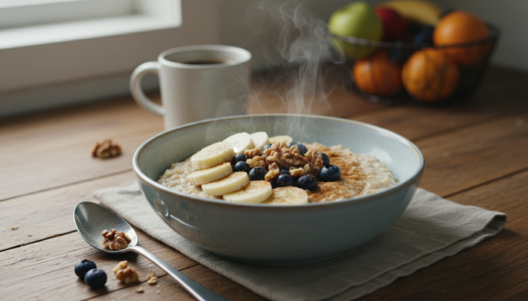 Close-up view of oatmeal with fruit and nuts in a ceramic bowl.