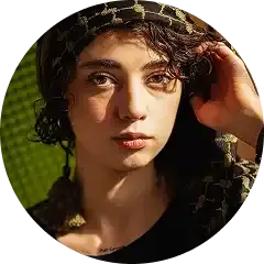 Young woman with patterned head covering
