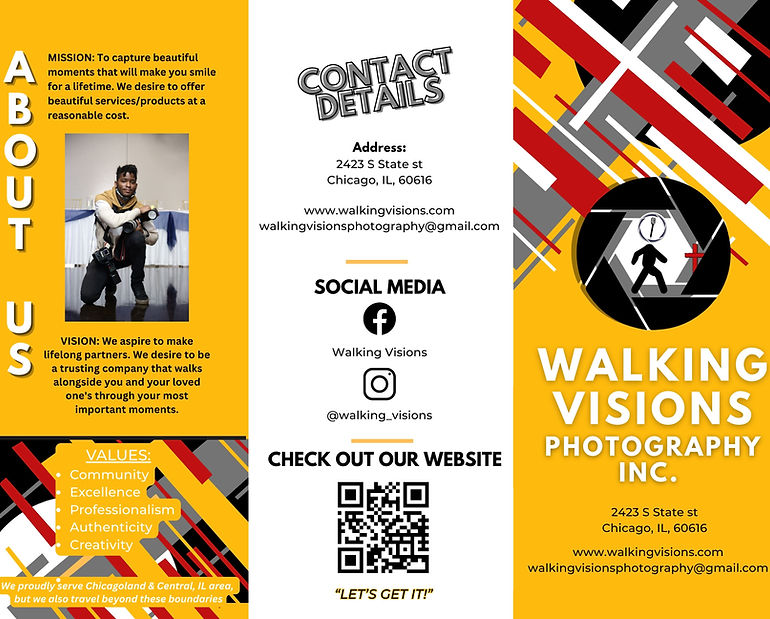 Walking Visions Photography brochure showcasing Chicago conference, corporate event, wedding photography, professional headsh
