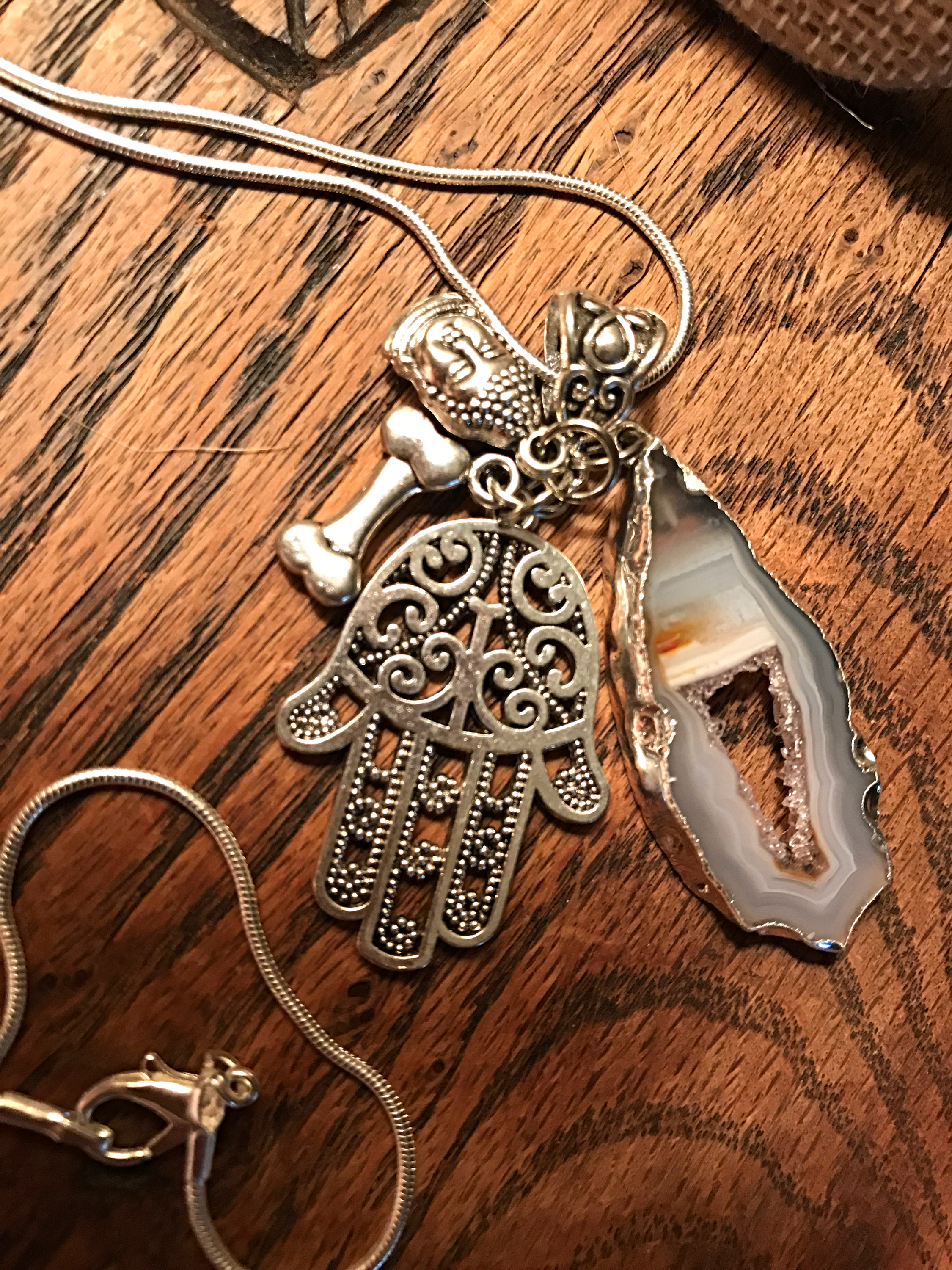 Handmade Silver Plated Sliced Agate Charm Necklace