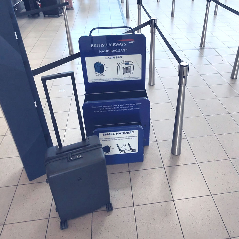 Testing LEVEL8 luggage in BA cabin bag size checker at airport