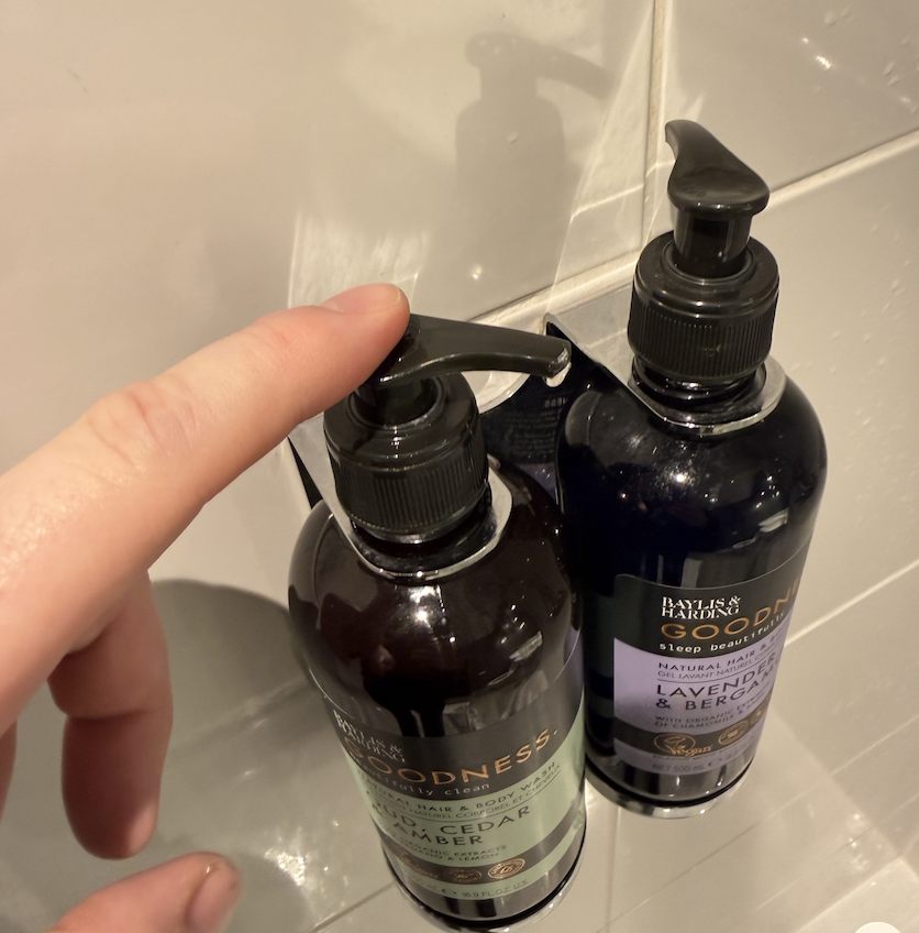 Premier Inn Gatwick North room interior showing shower gel and shampoo