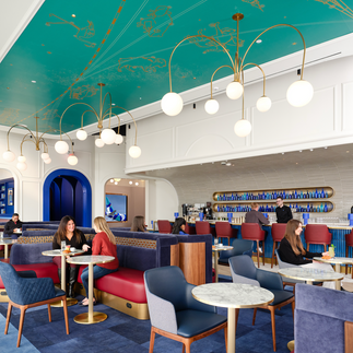 Art Deco–inspired elevator details inside JetBlue’s BlueHouse lounge at JFK Terminal 5