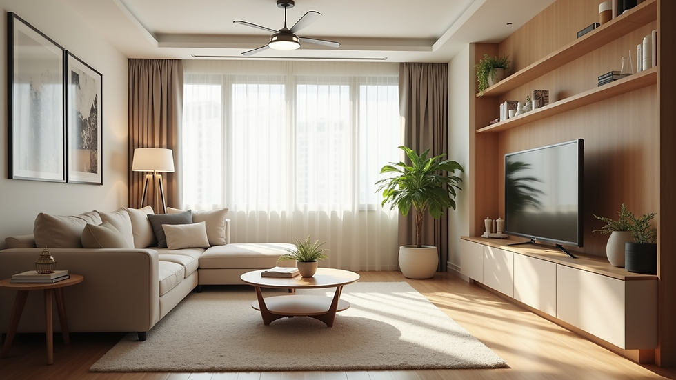 Eye-level view of a neat and bright HDB living room