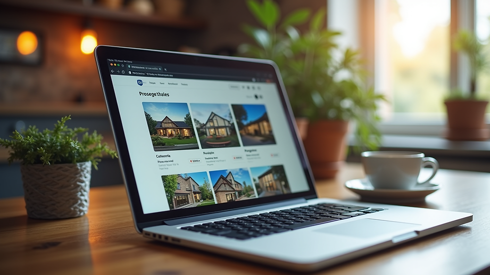 High angle view of a laptop showing property listings on screen