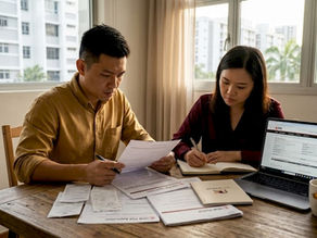 Couple reviewing HDB sale paperwork at table