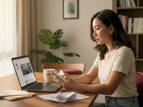 Woman comparing property listing platforms at home