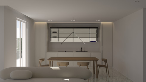 Render fotorealistico del soggiorno open space, progetto Home 38 – Narch Design Studio Napoli