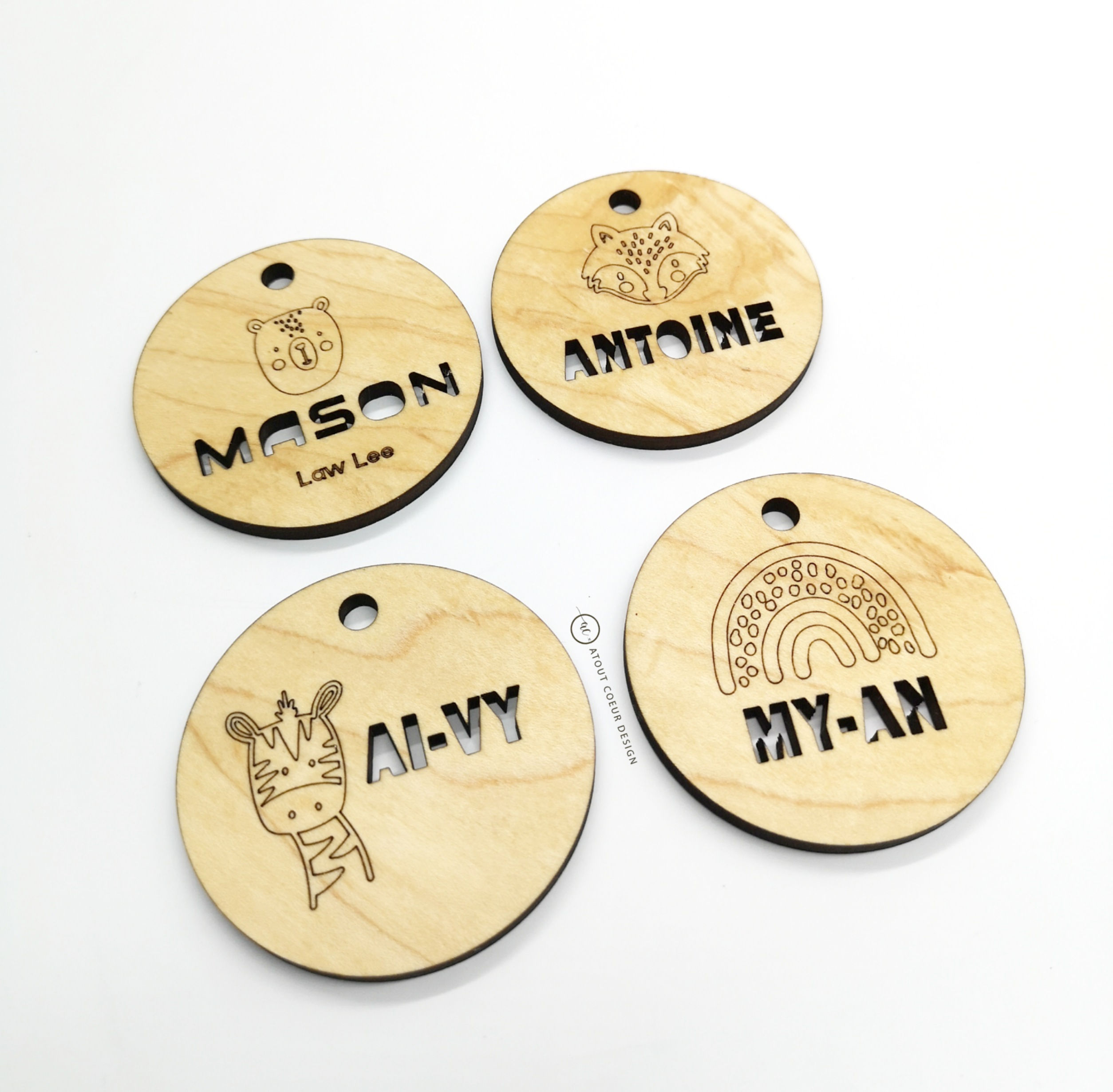 Light Engraved cut Wood name tag /school bag, diaper bag, lunch box