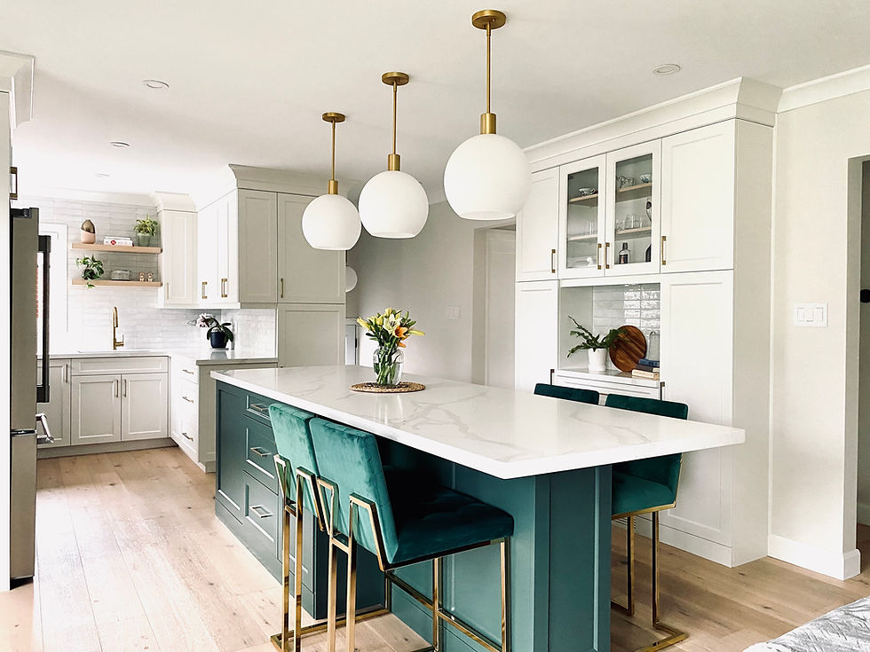 Eye-level view of a modern kitchen with custom cabinetry and island