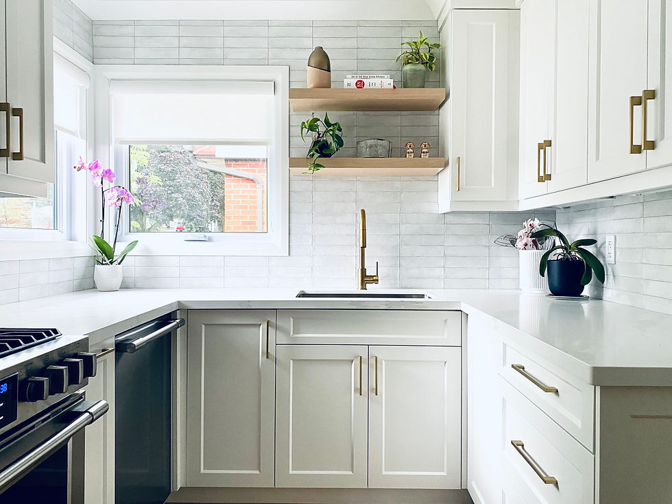 Close-up view of a kitchen countertop with modern faucet and sink
