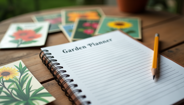 Eye-level view of a garden planner notebook with seed packets and a pencil