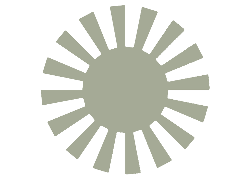 Positivity Icon. Sun shaped icon with circle in center and 16 rays pointing out in sage green.