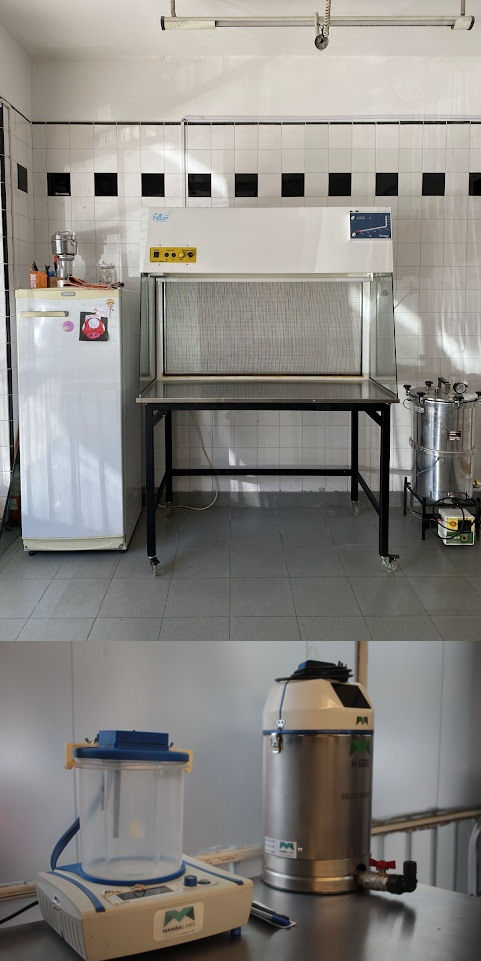 Tecnologías que usa la cooperativa para elaborar sus productos. Arriba, un flujo laminar y un autoclave para esterilizar. Abajo, un equipo de reducción y un agitador a temperatura controlada con los que se hacen los extractos.