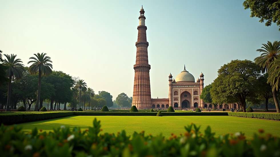 Wide angle view of Qutub Minar towering over green gardens