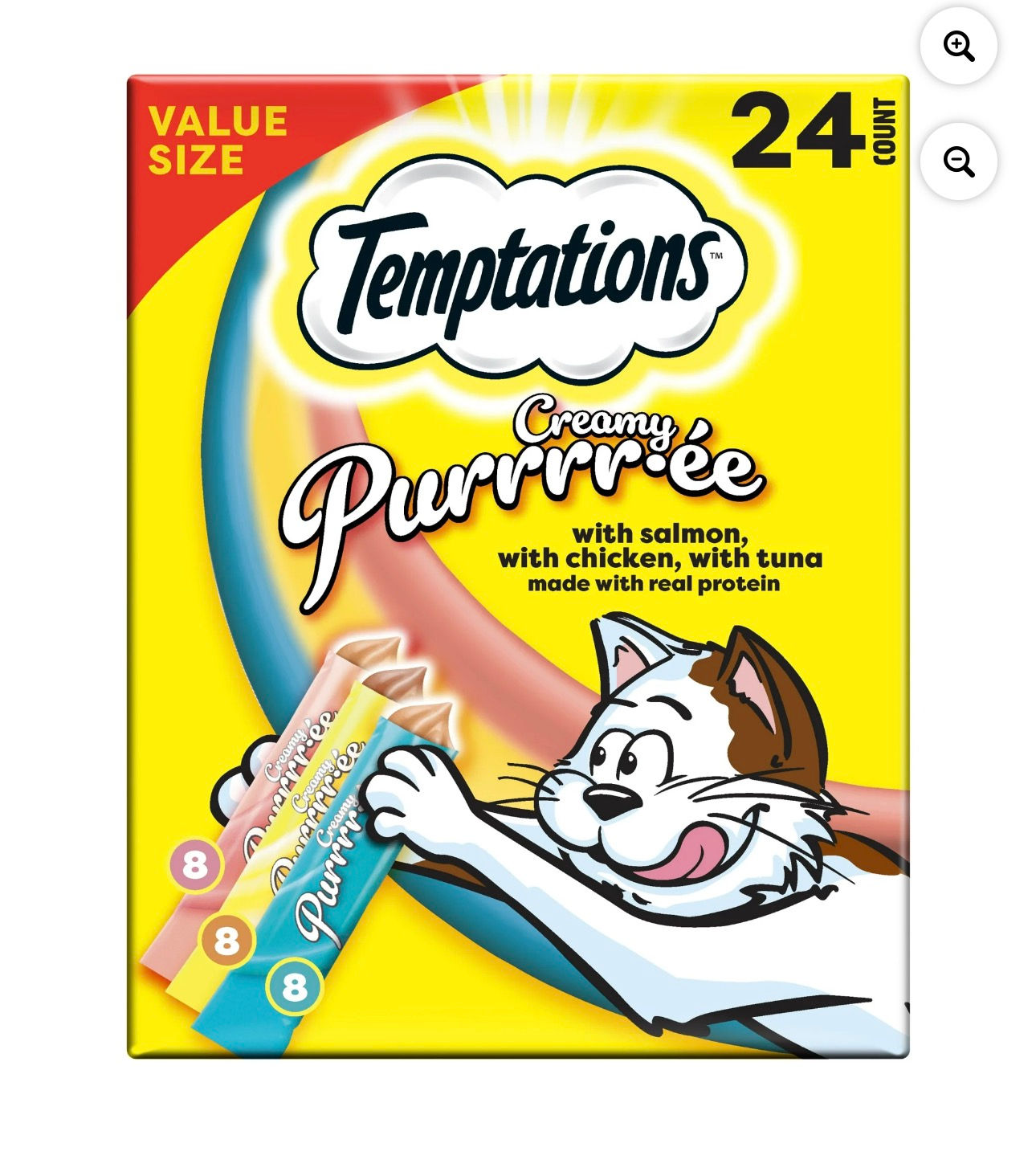 Temptations Puré Cremoso de Pollo, Salmón y Atún, Premios Lamibles para Gato, So