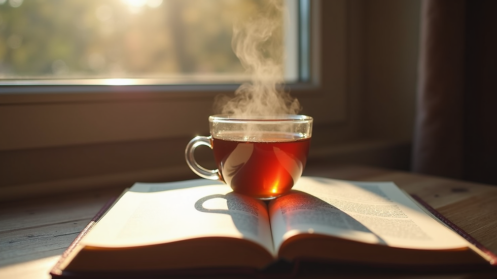 View of a cozy moment with a steaming cup of tea and an open journal