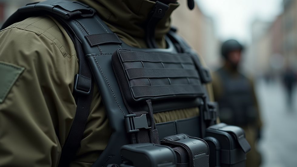 Eye-level view of a tactical vest with various attachments