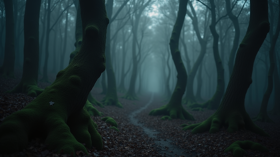 Close-up view of a dark, mysterious forest with twisted trees