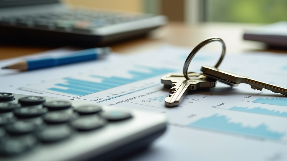 Close-up view of a calculator, house keys, and financial documents on a table