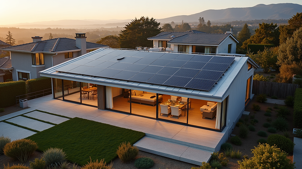 High angle view of a modern Santa Cruz home with solar panels
