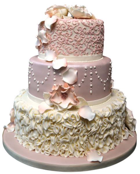 Three-tier wedding cake with blush and ivory sugar paste flowers and ruffles.