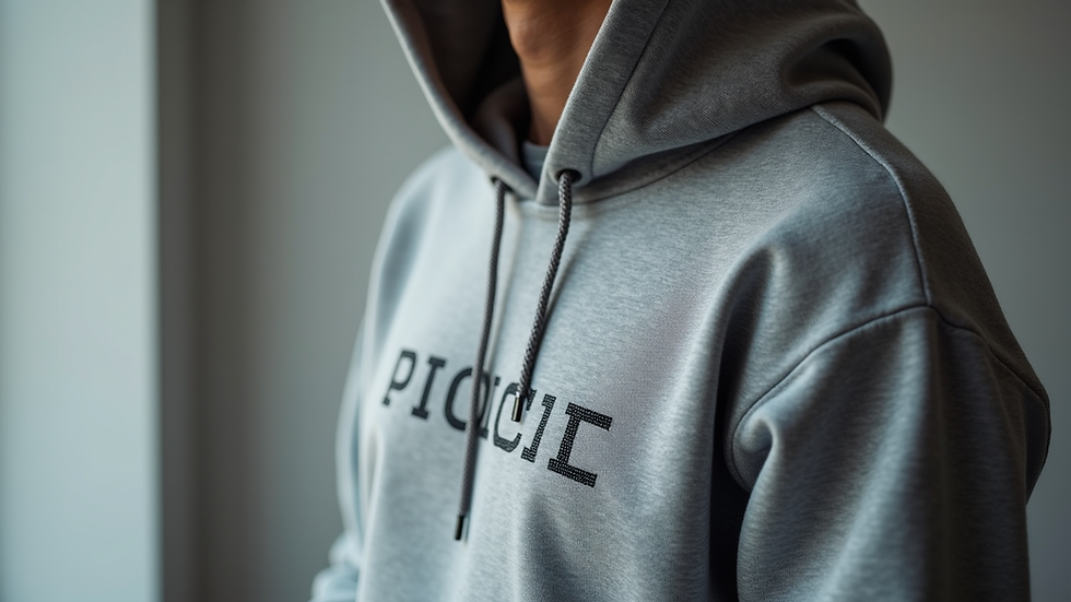 Close-up view of a grey hoodie with minimalist code design on the chest