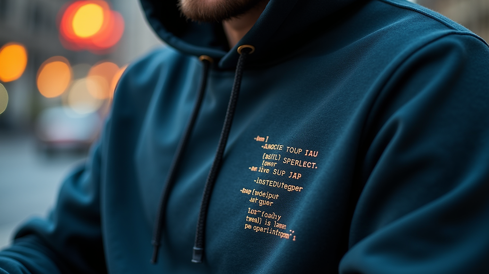 Close-up view of a developer hoodie with a subtle code-inspired design