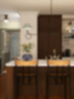 Kitchen design with porcelain counters and warm wood cabinets.