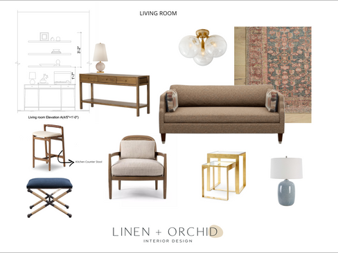 LINEN + ORCHID visual board of a living room design.