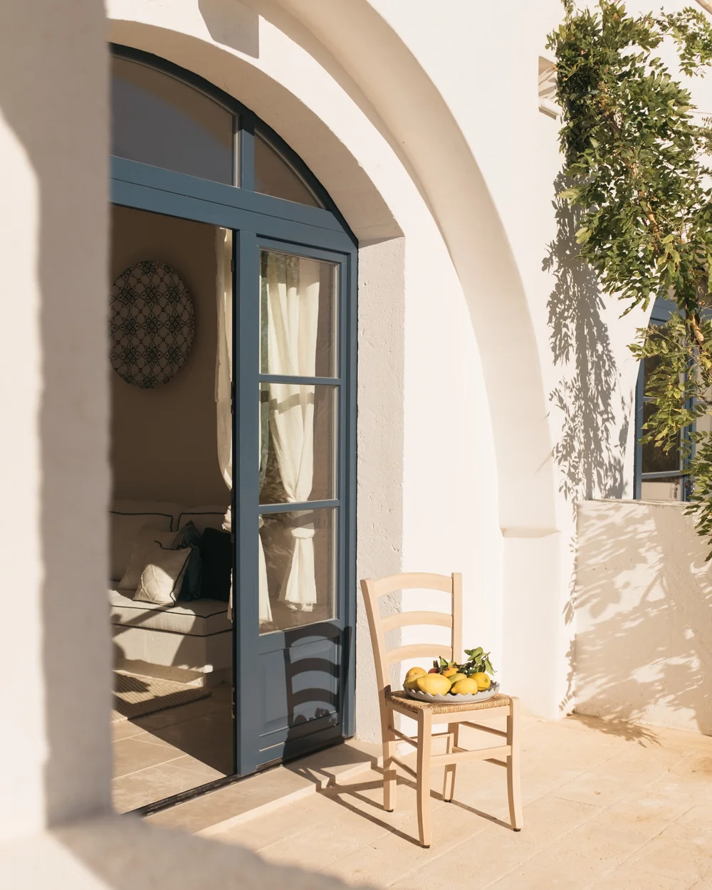 Peaceful courtyard at a luxury masseria in Puglia designed for slow, restorative stays
