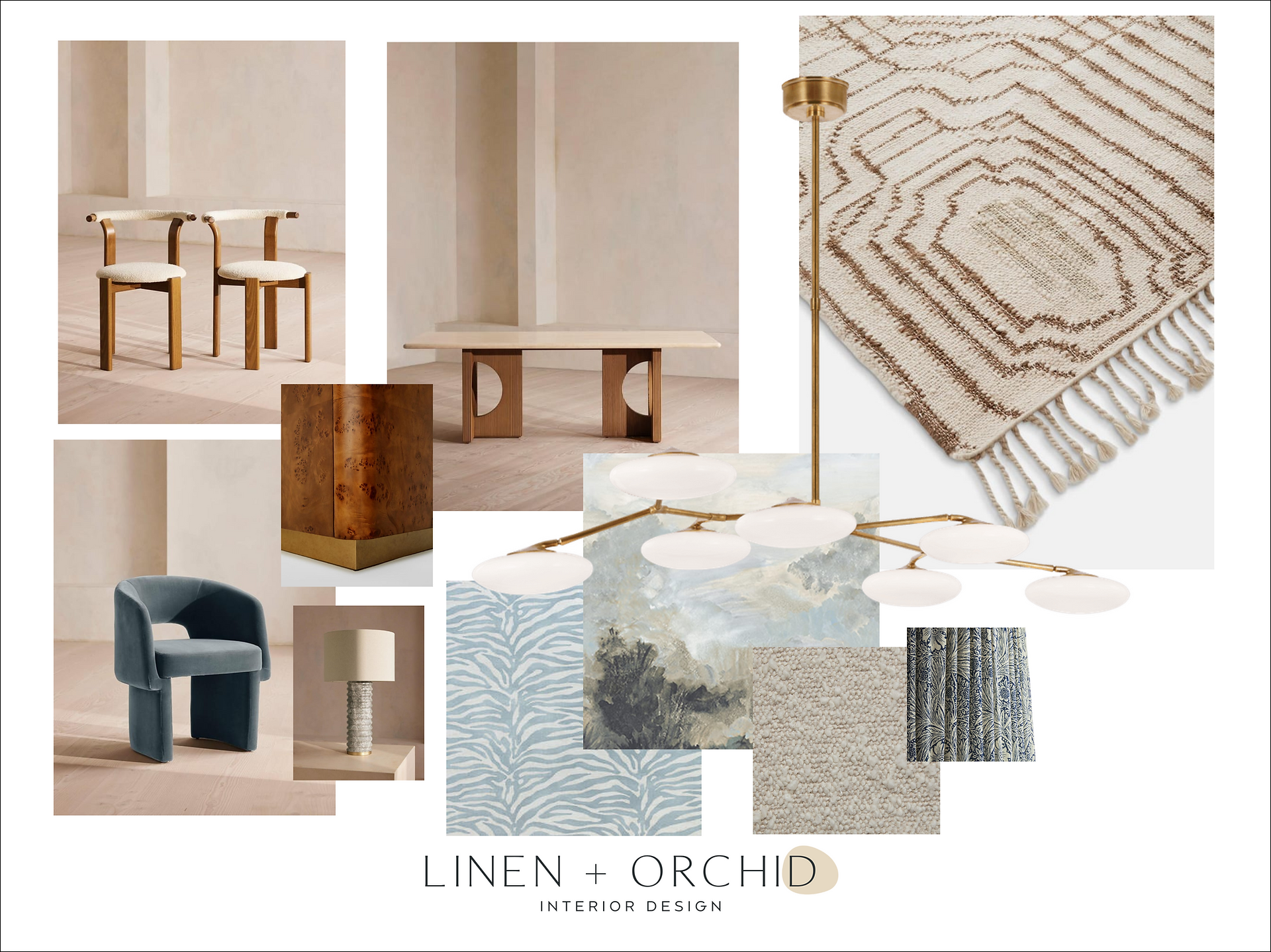 LINEN + ORCHID visual board of a dining room design.